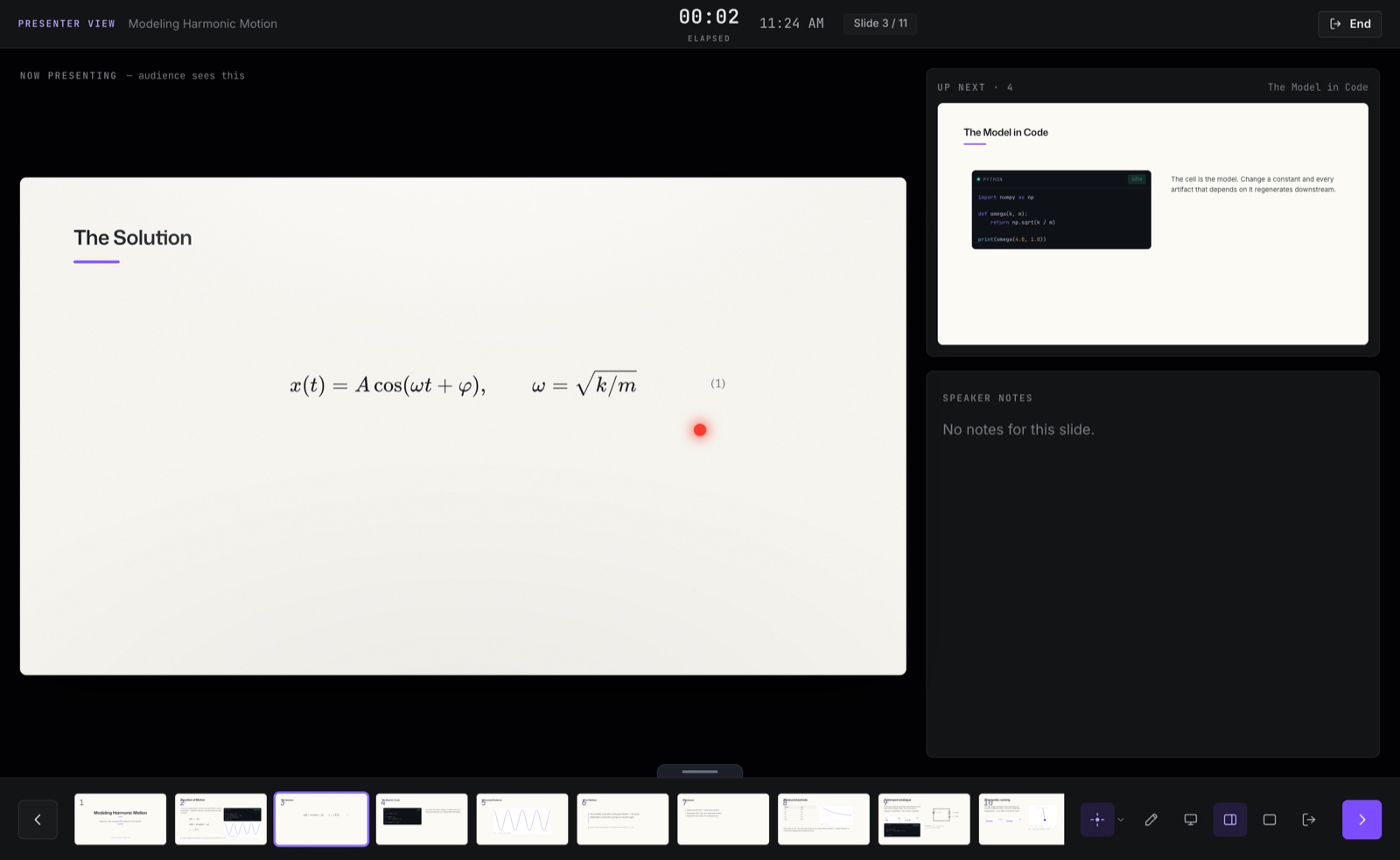 Presenter view — the live slide, the timer, up-next, and your speaker notes.