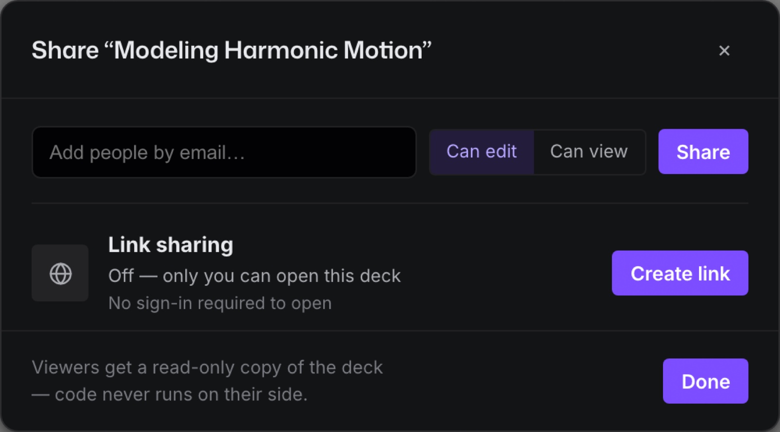 Sharing a deck by email, with editor or viewer roles.